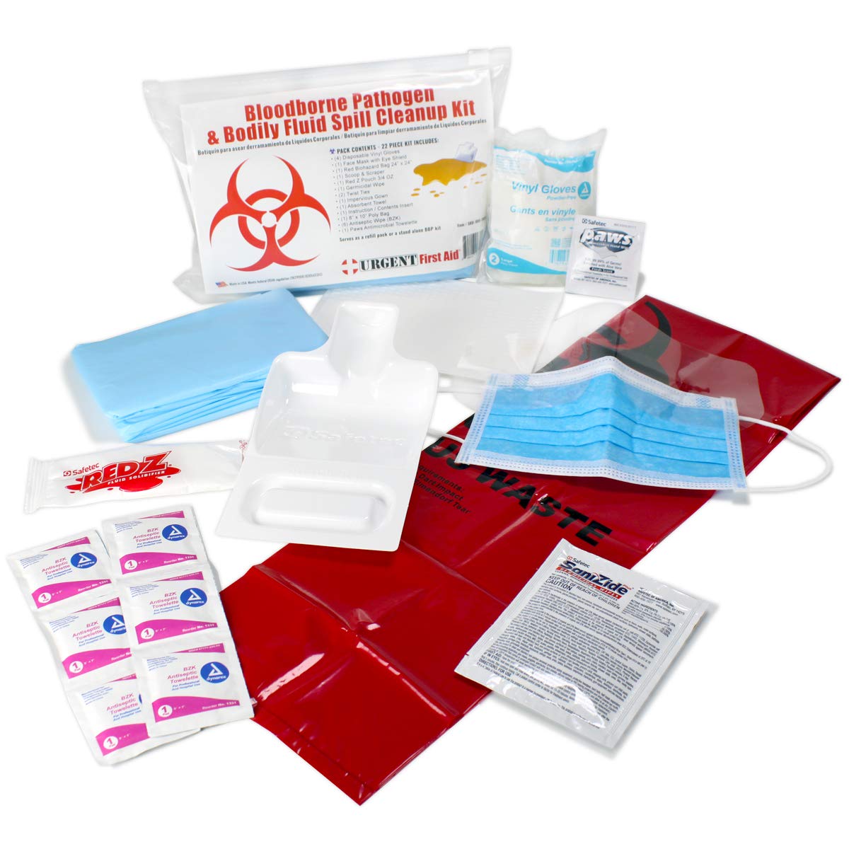 22 Piece Bodily Fluid Cleanup Pack/Bloodborne Pathogen Kit - OSHA Compliant