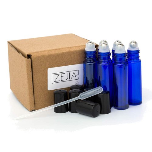 ZEJIA 10ml roller bottles for essential oils, 6 Pack Roll on Bottles, Cobalt Blue Thick Glass Roller Bottles for Oils, with Stainless Steel Roller Balls, 2 Droppers
