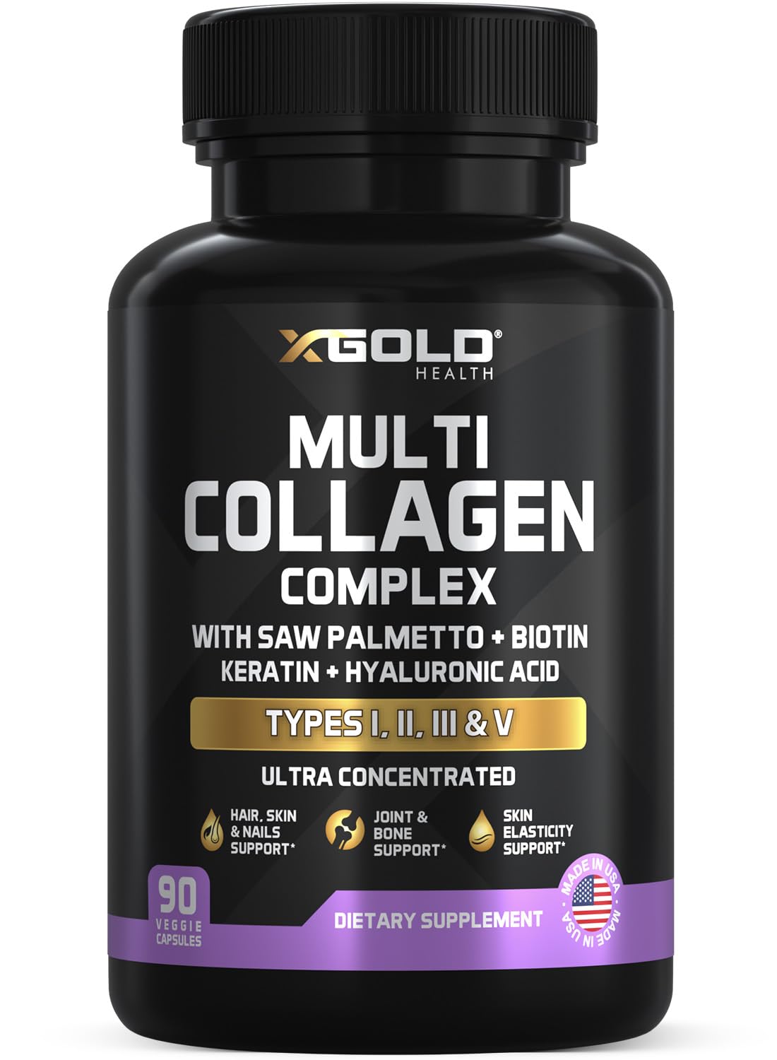 X Gold Health Multi Collagen Types I, II, III & V with Biotin 10,000 mcg, Keratin, Hyaluronic Acid, Saw Palmetto, Hair Skin & Nails Formula, 90 Capsules