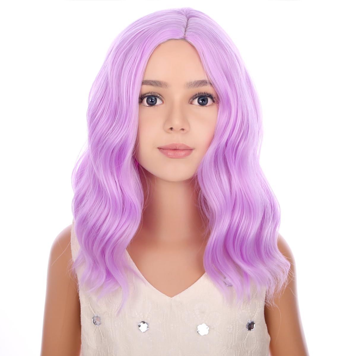 PATTNIUM Kids Child Short Purple Wig Lavender Purple Curly Wavy Wig Short Light Purple Wig Girls Synthetic Hair Wig with Wig Cap