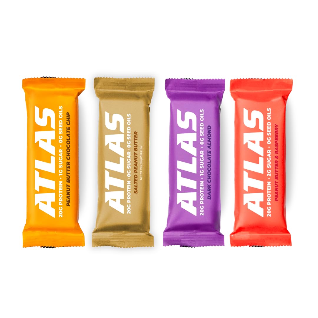 Atlas Real Food Protein Bar – 20g Protein, 10g Fiber, 1g Sugar, No Seed Oils, No Artificial Sweeteners (Variety, 4 Count)