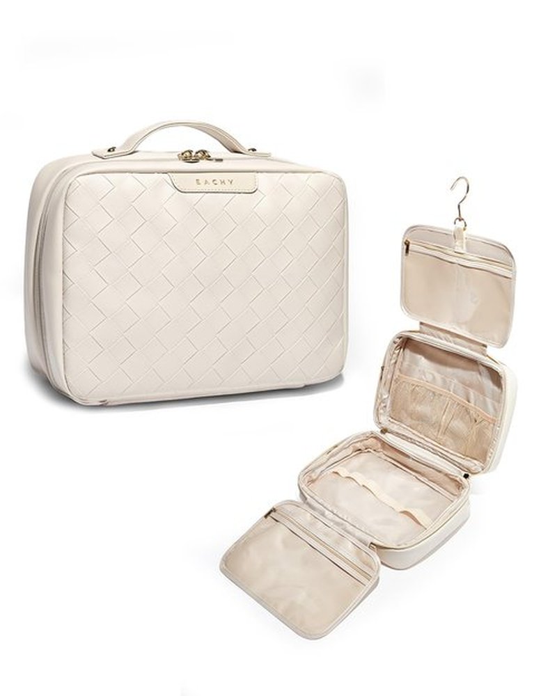 EACHY Toiletry Bag with Hanging Hook, Travel Makeup Bag PU Leather Cosmetic Bags for Women Make Up Organizer with 4 Compartments Waterproof Full-Size Portable Travel Essentials (Plait-White)