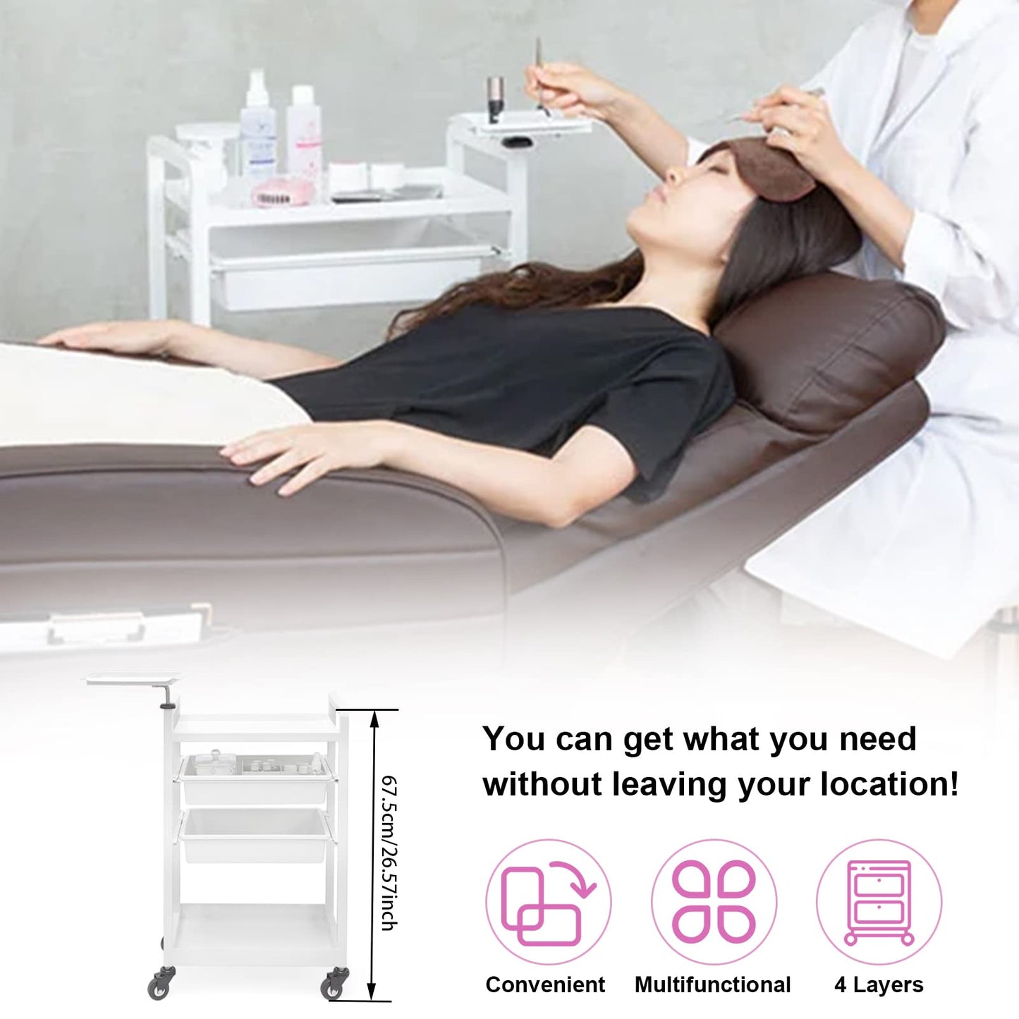 Lash Cart Beauty Eyelashes Cart Organizer Esthetician Utility Trolley Salon Spa Rolling Trolley with Wheels Metal Storage Tray Fully Assembled 4 Drawers White Elitzia ETST19