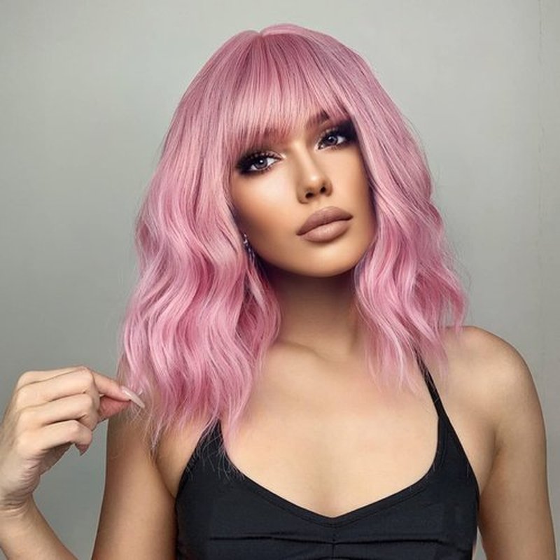 BERON Candy Pink Wig Short Curly Wig Pink Wig with Bangs Women Girl's Charming Wig Candy Pink Wig Synthetic Wig with Wig Cap