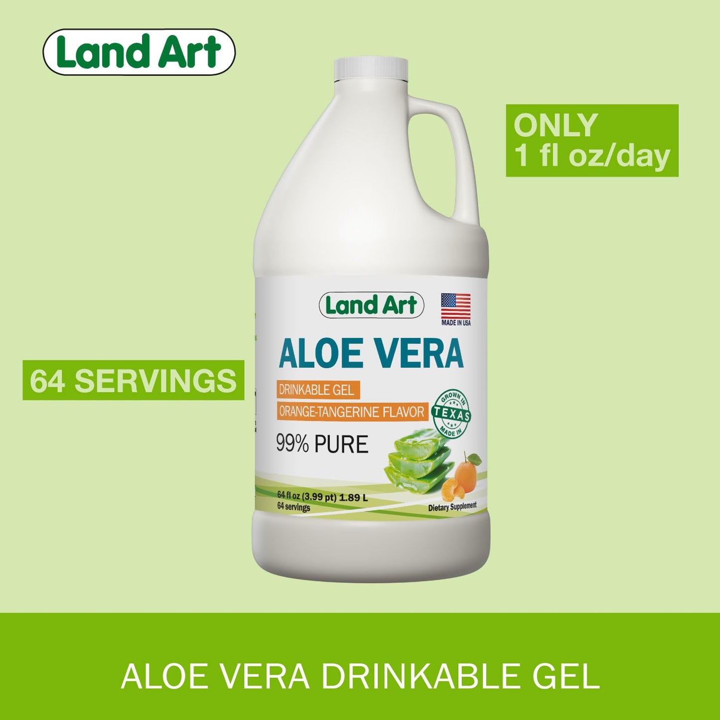 Land Art Pure Aloe Vera Drinkable Gel - Orange Tangerine Flavored - Cold-Processed Inner Filet - from Organic Fresh Leaves from Texas - for Heartburn Relief - Acid Reflux - 64 fl oz