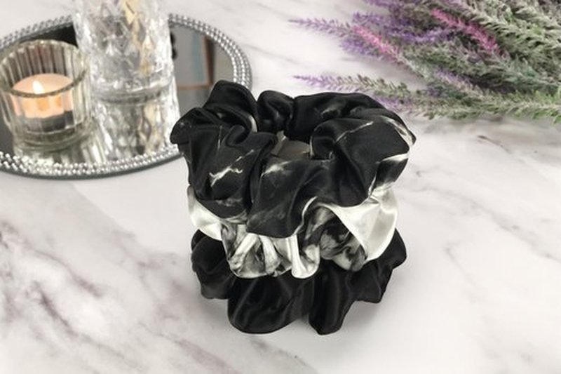 Celestial Silk Mulberry Silk Scrunchies for Hair (Black Marble, White Marble, Black)