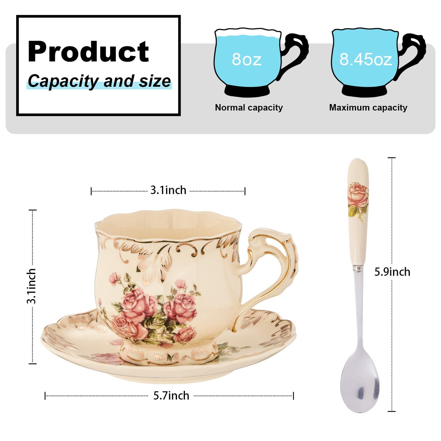YOLIFE Tea Cups and Saucers Set of 2, Vintage Porcelain Tea Cups Set Floral with Gold Leaves Trim Design - 8 oz (Pink Rose with Gift Box(no stand))