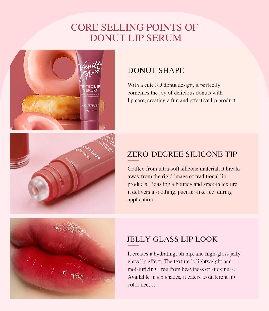 MOND’SUB Tinted Lip Serum Essence: Glass Glow Shine + 16H Hydra-Locking, Featherweight Non-Sticky Color, Transfer-Resistant Plumping Vegan Formula