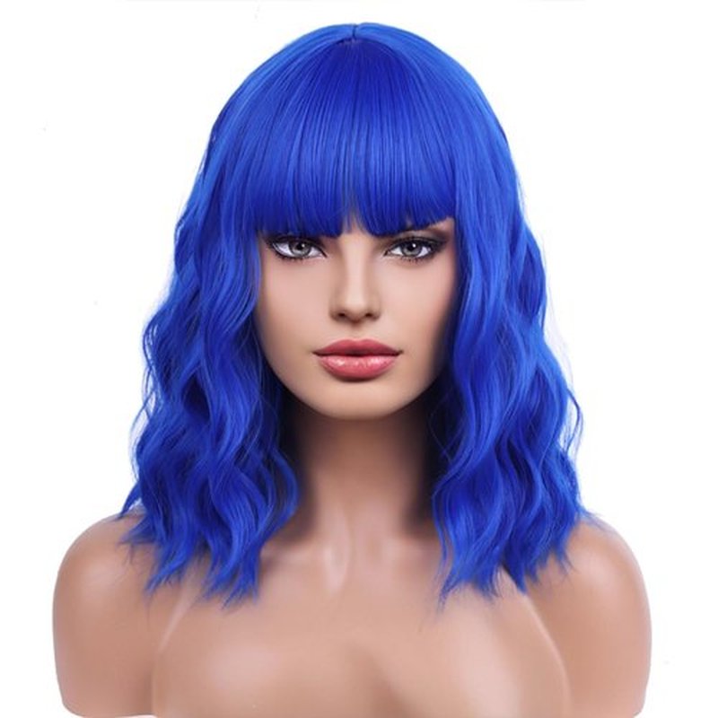 BERON 14 Inches Dark Blue Wig Short Curly Wig Women Girl's Synthetic Wig Blue Wig with Bangs Wig Cap Included