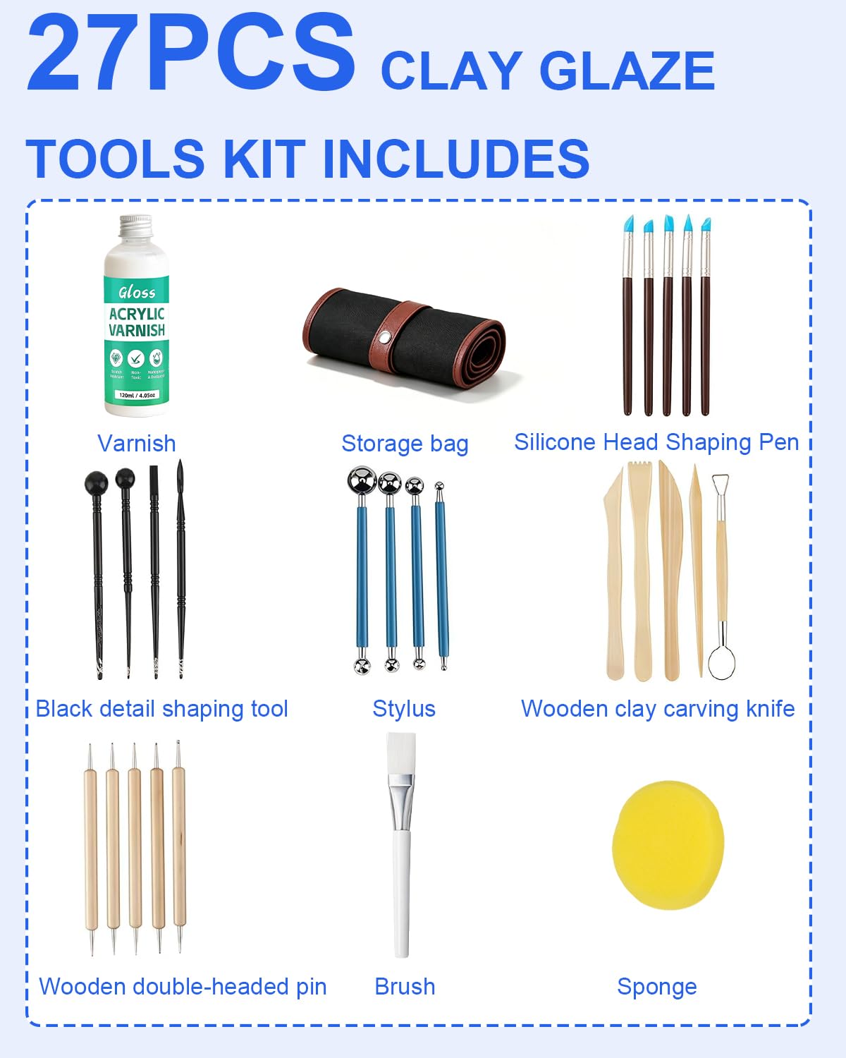 27 Pcs Air Dry Clay Kit with Clay Glaze - 120ml Gloss Varnish, Rollup Storage Bag, Professional Clay Sculpting Tools Set, Complete Pottery Kit for Beginners Adults Kids