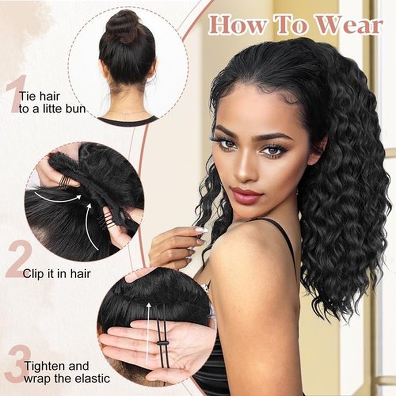 ALXNAN Wavy Curly Ponytail Extension, Long Soft 18" Black Drawstring Ponytai for Black Women Natural Synthetic Hairpiece Thick For Daily Use