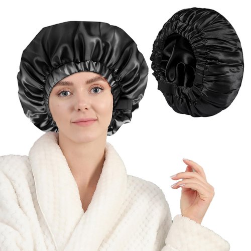 Years calm Silk Bonnet for Sleeping Women, Double Layer Soft Ajustable Elasticity Band Satin Bonnet for Sleeping Hair - Sleep Shower Caps (Black, One Size)