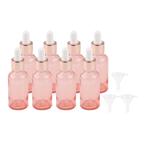 Kesell 8 Pack 30ml Pink Dropper Bottles, 1 oz Empty Refillable Glass Sample Vials for Essential Oils DIY Perfume Container, With Rose-Gold Cap And 3 Funnel