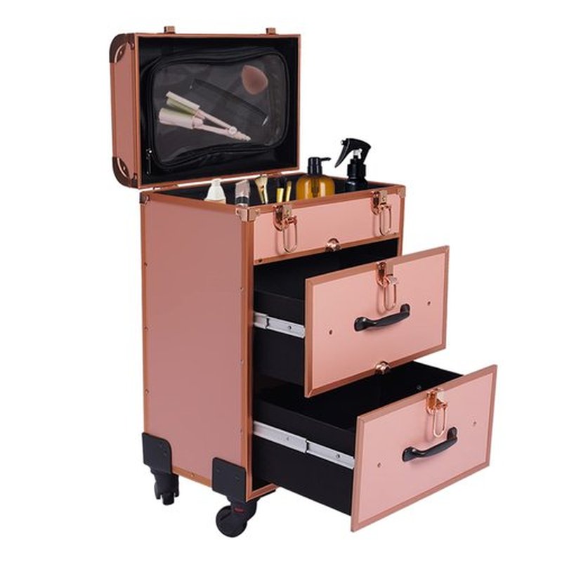 Rolling Makeup Case,Large Cosmetic Trolley with Locks, Professional Rolling Makeup Trolley with with dividers,Large Storage Cosmetic Trolley for Make-Up Artists Nail Technicians Beauticians (Gold)