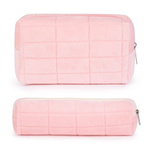 SOIDRAM Makeup Bag Checkered Cosmetic Bag Plush Pink Makeup Pouch 1Pcs Large Capacity Makeup Bags and 1Pcs Makeup Brushes Storage Bag Travel Toiletry Bag Organizer