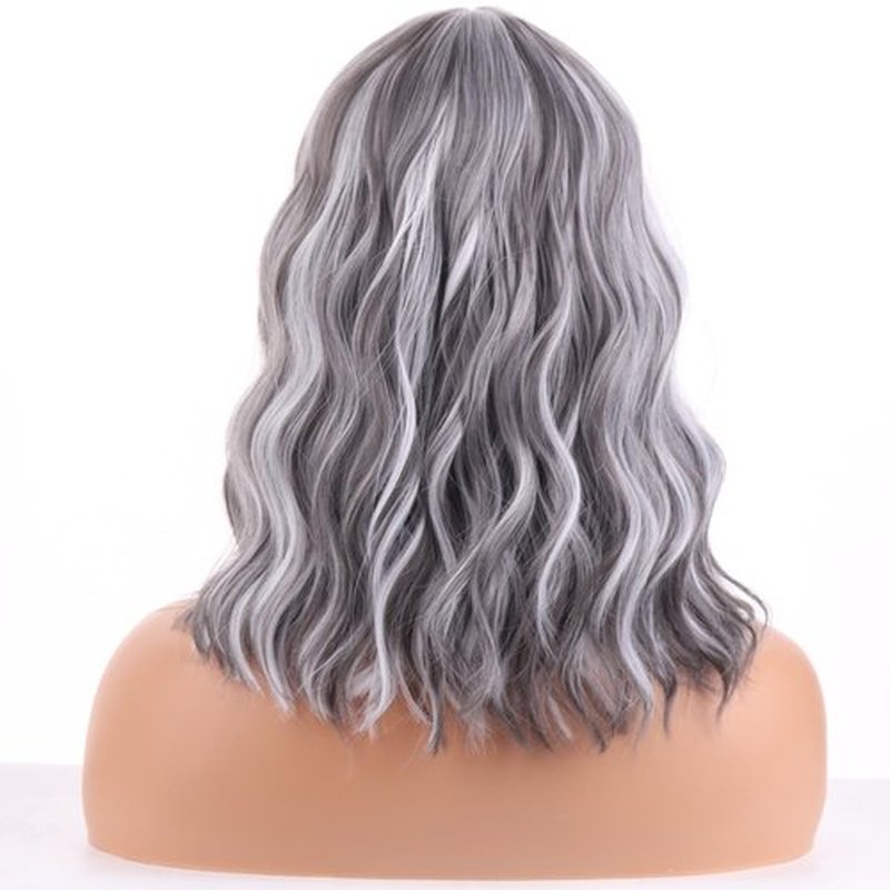 WTHCOS Mixed Silver Gray Wig Short Bob Wig Short Curly Wavy Wig With Bangs for Women Silver Mixed Gray Wig Heat Resistant Synthetic Hair Wigs for Daily Use Cosplay Wig With Wig Cap