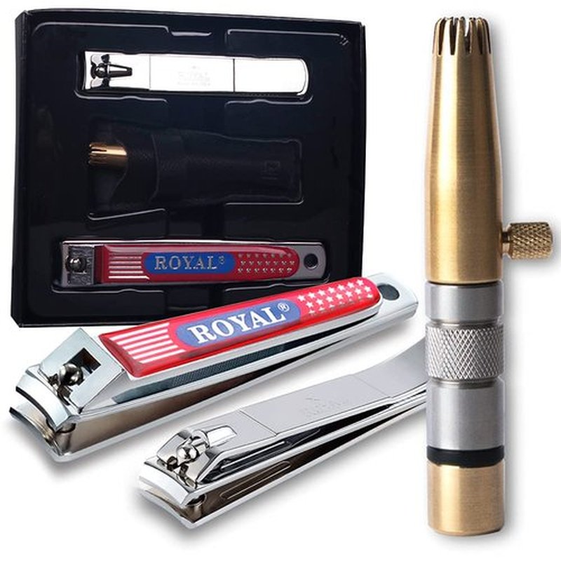 ROYAL [Made in Korea] NO Battery,3 Pcs Nose Hair Trimmer Set,Value Pack(Nose Hair Trimmer with 2 Nail Clippers) The Best Gift for Family, (Black&Brass)