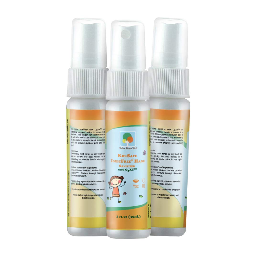 Raise Them Well Kid-Safe Hand Sanitizer Spray for Travel & School, Alcohol-Free & Non-Toxic, Gentle Skin Formula, TSA-Approved Pocket Size, for Families, Daycare, and On-the-Go Use, Pack of 3