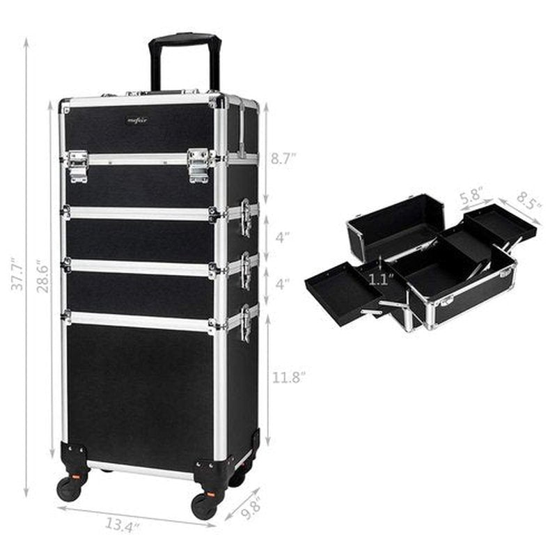 mefeir 4 in 1 Rolling Makeup Train Case, Aluminum Makeup Travel Organizer Cosmetic Case, Cosmetology Display Suitcase on Wheels, Beauty Storage Luggage Lockable w/4 Removable Wheels (Black)