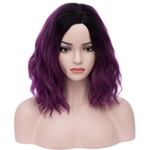 BERON Black Purple 14" Women Girls Short Curly Wavy Wig Ombre Taro Purple Body Wave Halloween Cosplay Daily Party Wigs