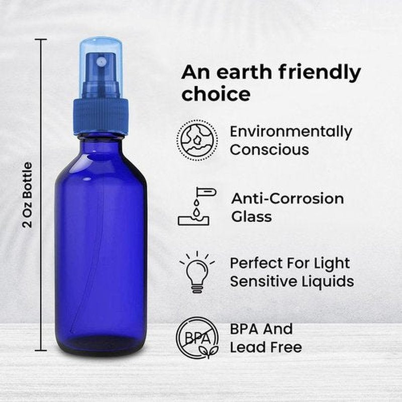 CULINAIRE 2oz Glass Spray Bottles for Essential Oils with Gold Pen Marker, Small Fine Mist Spray Bottle, Refillable, for Hair Spray, Essential Oils, Colognes, and Hand Sanitizers, Blue, Pack of 12