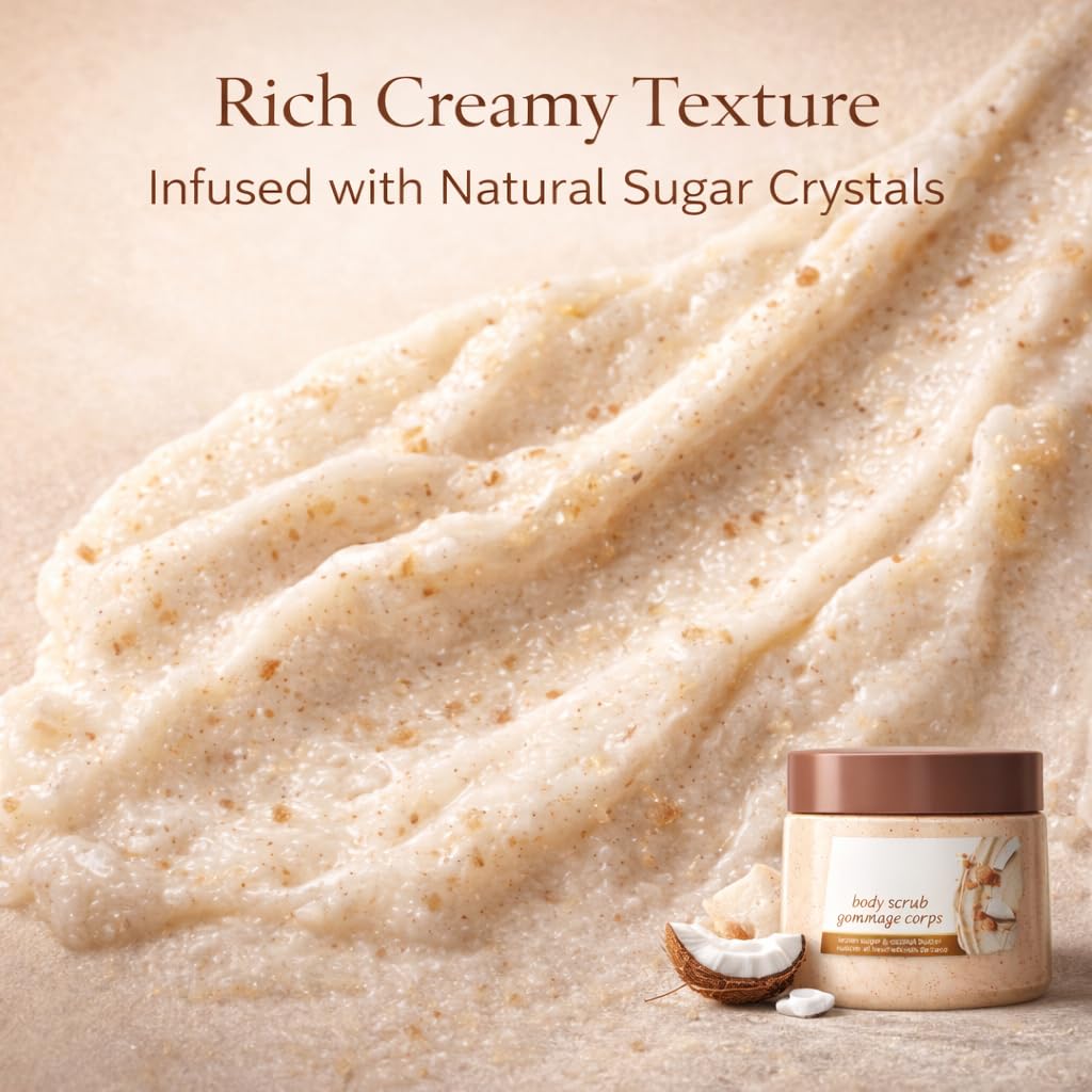 Brown Sugar and Coconut Scented Body Scrub, 15 oz Gentle Cleansing Body Polish with Smooth Texture for Daily Bath and Shower Use, Suitable for All Skin Types