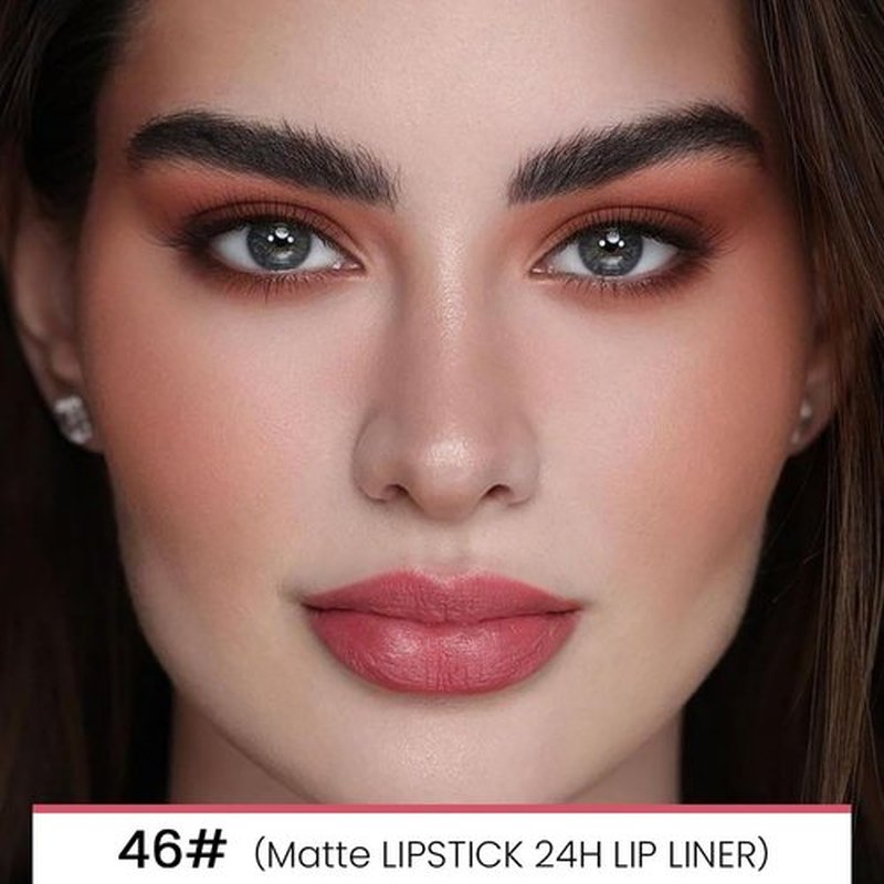 HHLTOH Nude Pink Velvet Matte Lip Liner and Lipstick Combo Set Kit for Women, DNM Magic 24 Hours Lipstick and Lip Liner Makeup Set Stain Long Lasting Waterproof labial Care Cruelty-free, 46#
