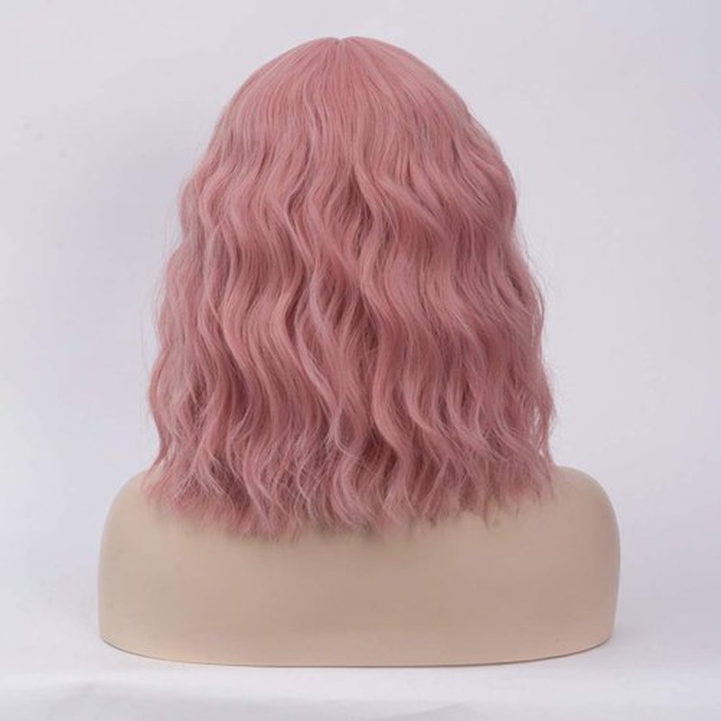 BUFASHION 14" Women Short Wavy Curly Wig Light Pink Bob Wig Cosplay Halloween Synthetic Wigs Wigs With Neat Bang Wig With Free Wig Cap (Light Pink 1)