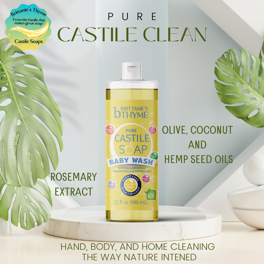 Brittanie’s Pure Castile Liquid Soap Refill, Baby, 32 Ounce Pack of 2 | Dish Soap, Hair & Body, Home, Gentle and Pure, Made with Natural Luxurious Oils, Vegan & Gluten Free Non-GMO