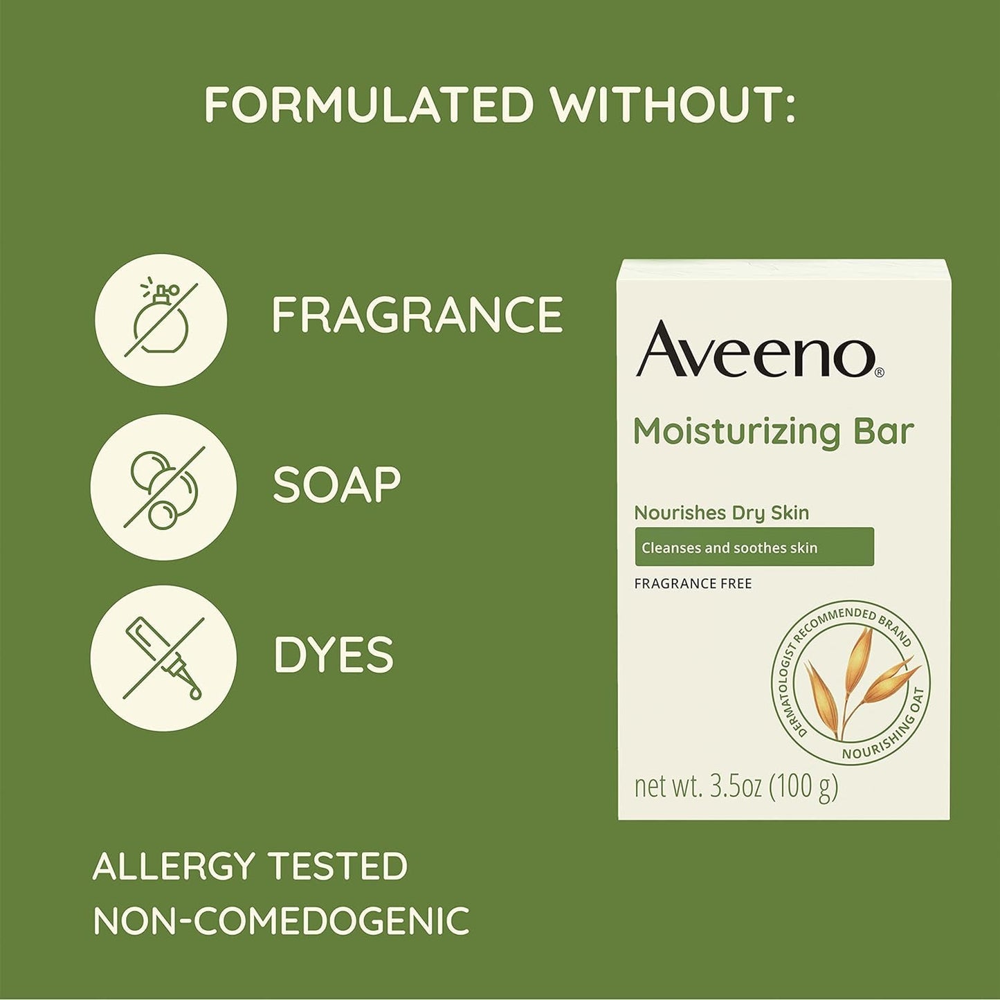 Aveeno Moisturizing Bar with Natural Colloidal Oatmeal for Dry Skin, Fragrance Free, 3.5 Oz (2 Pack)