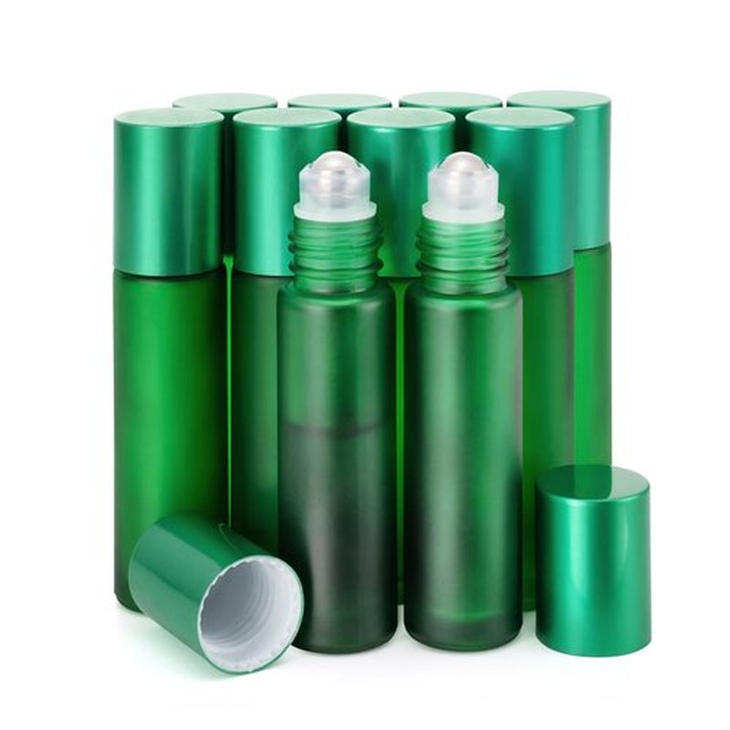 Kesell 10pcs Empty Roll on Glass Bottles, 10ml 1/3 Oz Essential Oil Roller Bottles with Stainless Steel Roller Balls - Green Color