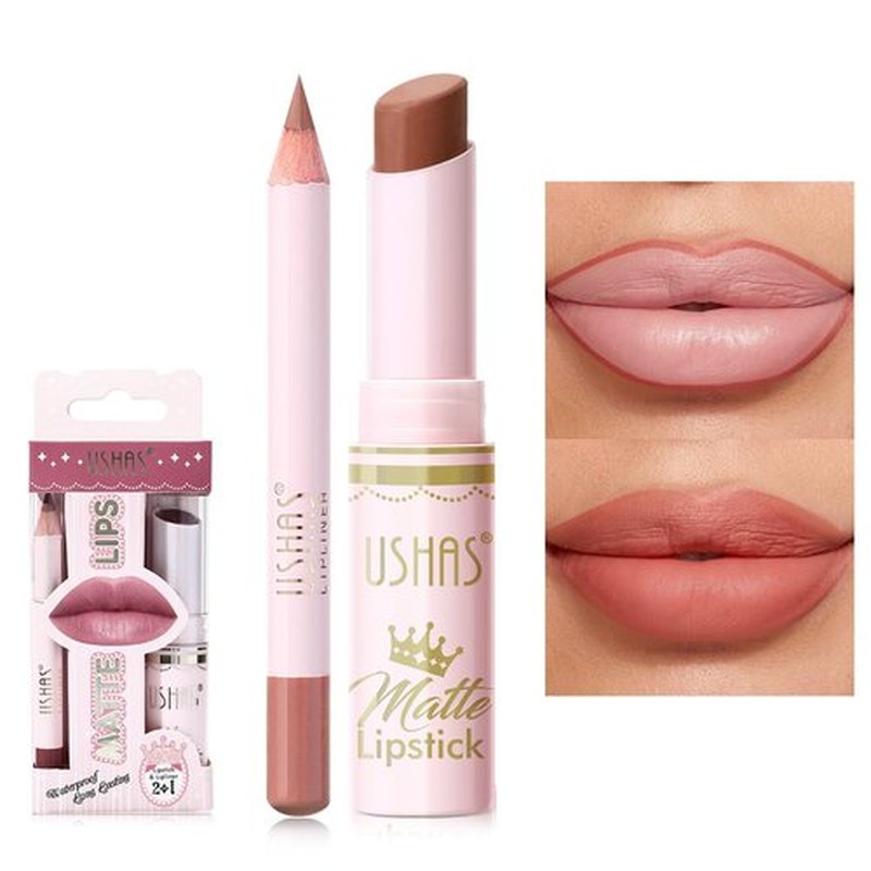 USHAS Lipstick and Lip Liner Combo Set 2 in 1 Waterproof Lipstick for Women Lip liner Set Long Lasting Lipstick, Matte Lipstick Pen with Lip Liner Set Makeup Kits (S17, Pack of 1)