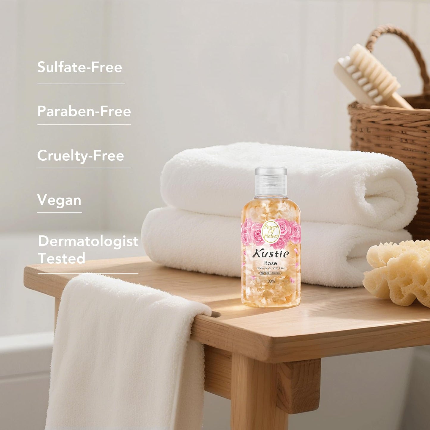 Kustie Rose Body Wash Travel Size – Hydrating Shower Gel with Real Flower Petals, Rose Water & Hyaluronic Acid, Floral Cleanser for Dry & Sensitive Skin, 3.4 fl oz