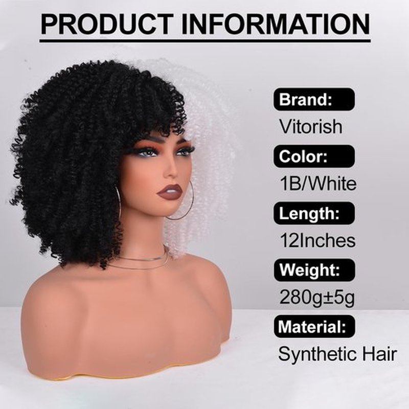 Kinky Curly Wigs with Bangs for Black Women about 280g/Piece Afro Bomb Kinky Curly Wig Heat Resistant Fluffy and Soft Synthetic Hair Wig 12 Inches (Black and White)