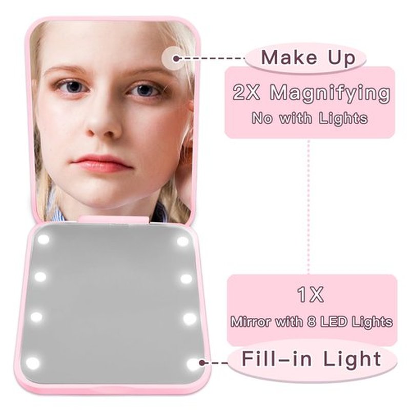 Aganmi Pink Travel Makeup Mirror with Lights Pearl Initial Letter 1X/2X Magnification LED Mini Pocket Mirror for Purse Cute 2-Sided Portable Compact Mirror Preppy Stuff Personalized Gifts (Y)