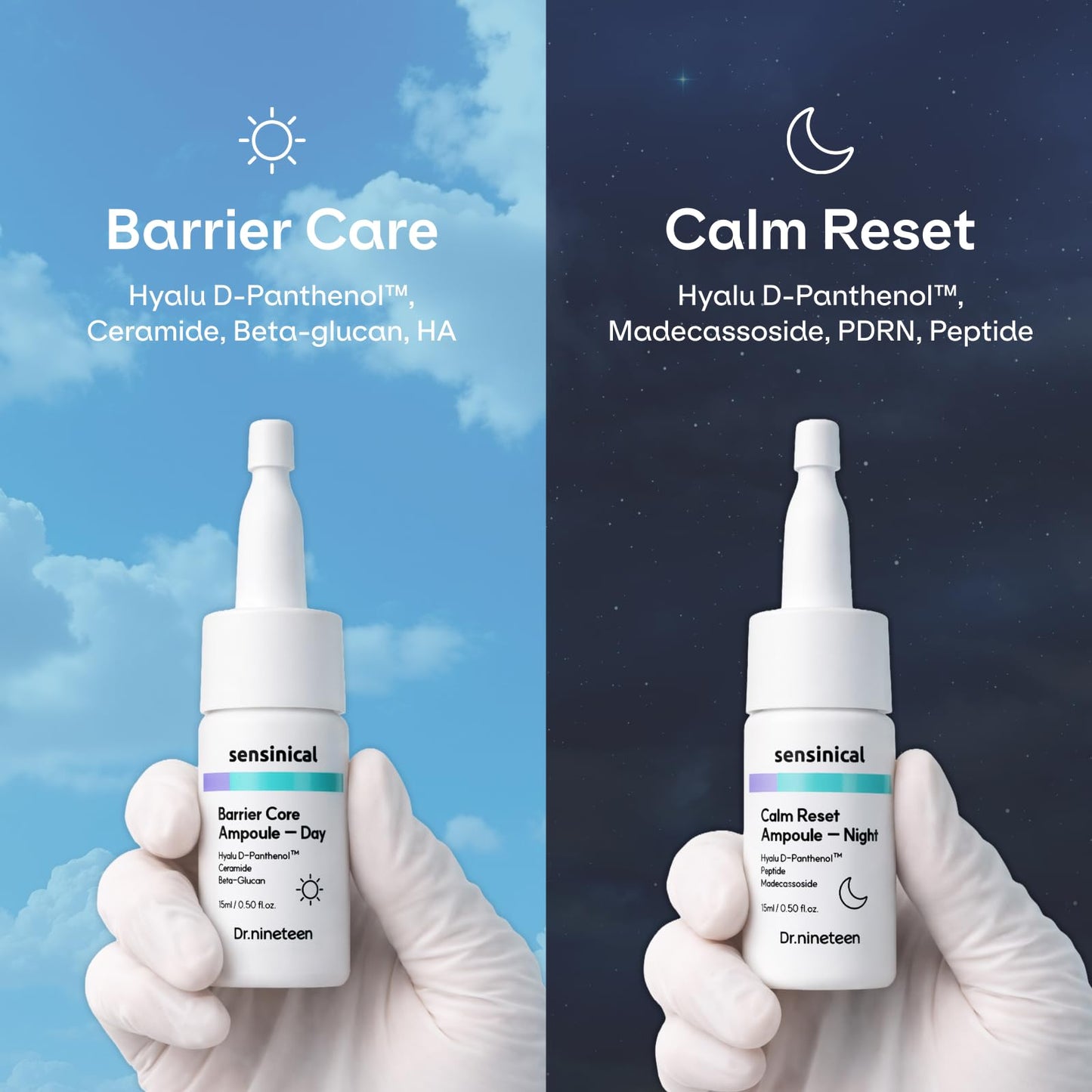Dr.nineteen Sensinical Ampoule Day & NightㅣHyalu D-Panthenol Ceramide Beat-Glucan Madecassoside PDRN PeptidesㅣSensitive skin Calm Non-sticky Deep hydrationㅣKorean Skin Care (0.50 fl.oz. X 2EA)