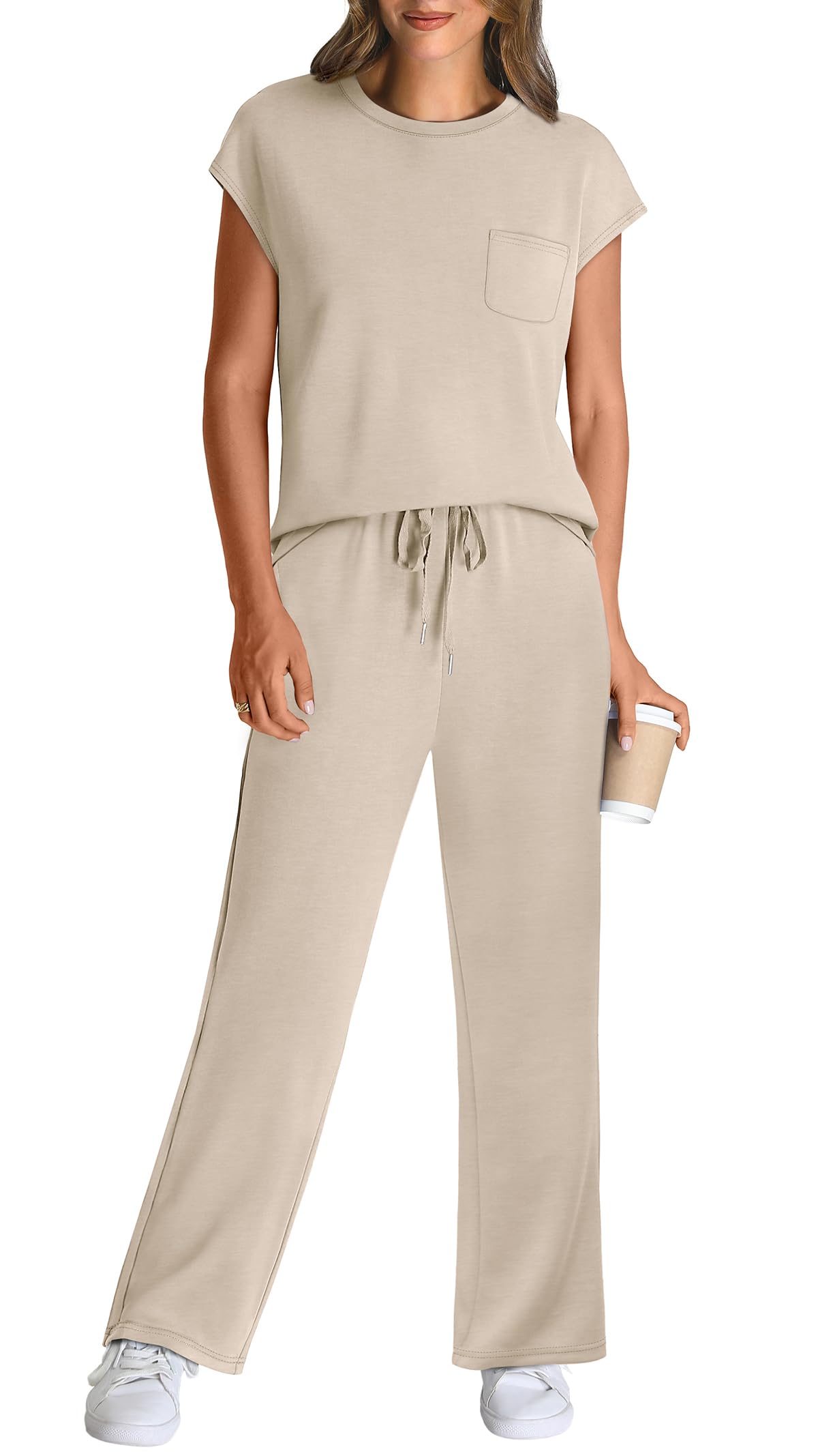 WIHOLL 2 Piece Sets for Women Casual Summer Travel Vacation Outfits Cap Sleeve Lounge Set