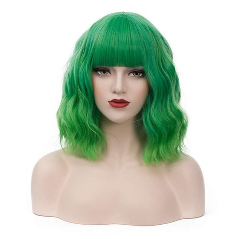 BUFASHION 14" Women Short Wavy Curly Wig Ombre Green Bob Wig Cosplay Halloween Synthetic Wigs Neat Bang Wig With Free Wig Cap (Ombre Green)