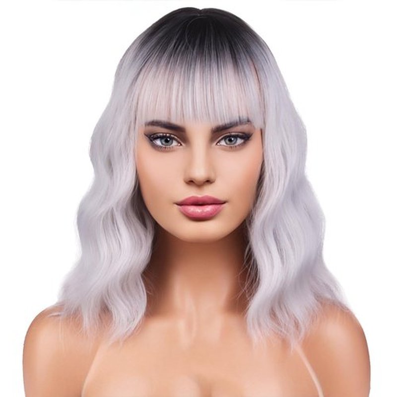 BERON 14 Inches Silver Wig for Women Silver Gray Wig Short Curly Synthetic Wig with Bangs Ombre Grey Wigs with Wig Cap