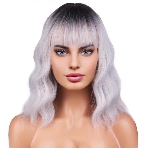 BERON 14 Inches Silver Wig for Women Silver Gray Wig Short Curly Synthetic Wig with Bangs Ombre Grey Wigs with Wig Cap