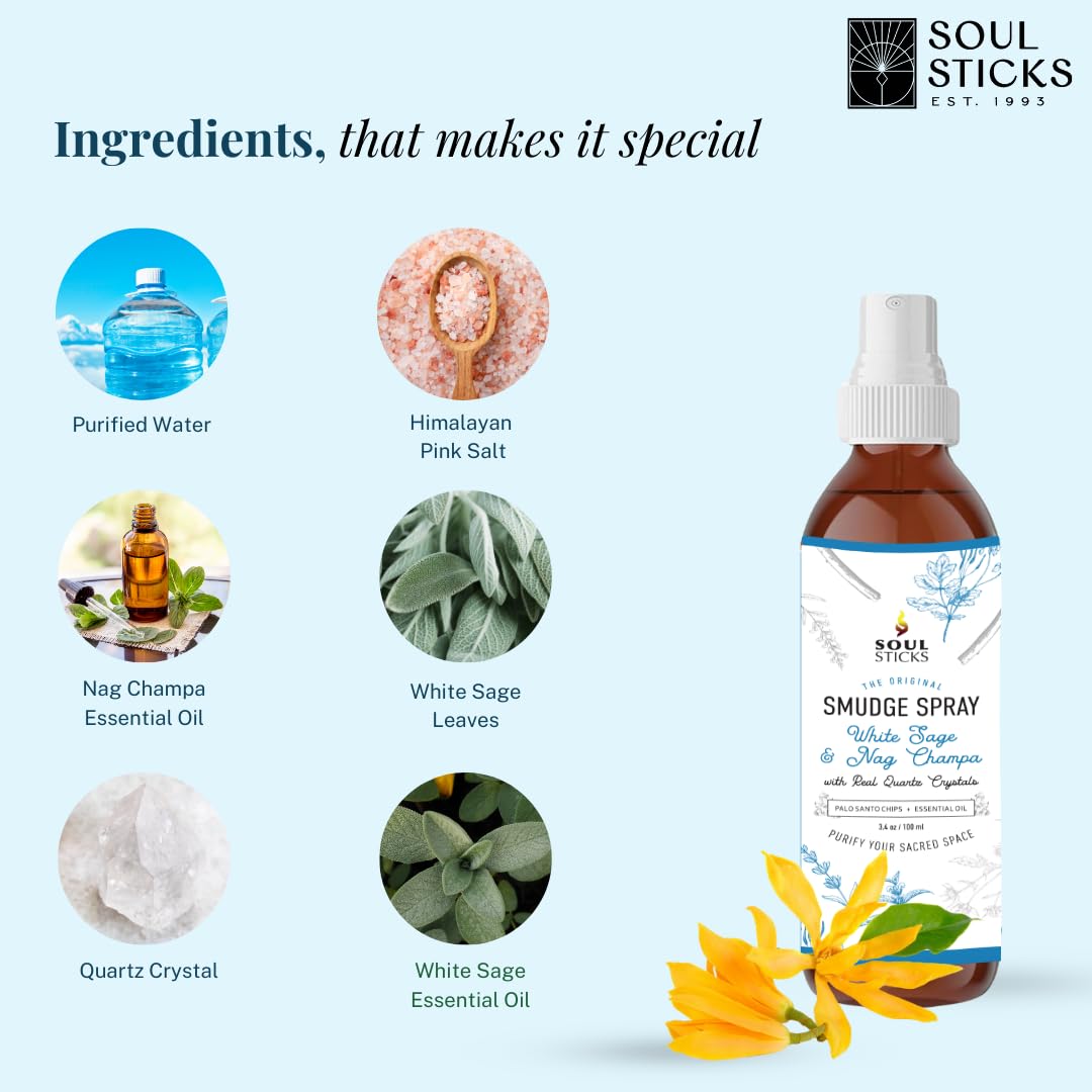 SOUL STICKS White Sage & Nag Champa Smudge Spray – 3.5oz Smokeless Cleansing Mist with Quartz Crystals – Spiritual Aromatherapy Spray for Meditation, Yoga, Home Energy Clearing & Relaxation