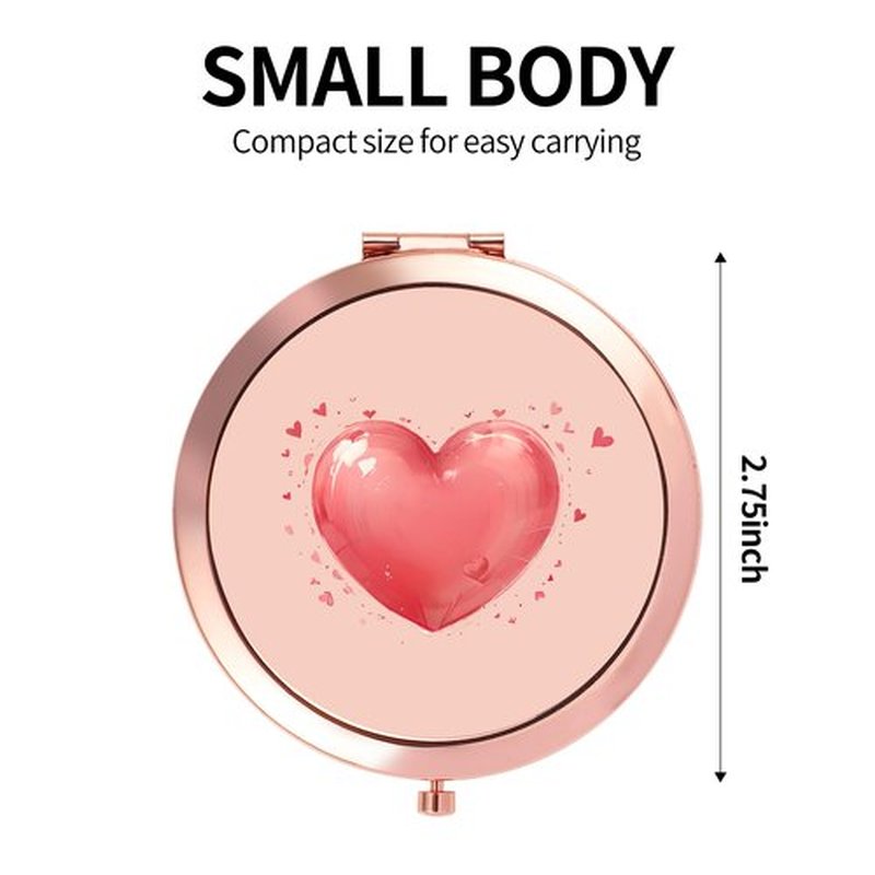 Dynippy Compact Mirror Rose Gold Makeup Mirror Folding Mini Pocket Mirror Portable Hand Mirror Double-Sided 2 x 1x Magnification for Woman Girls (Red Heart Pattern)