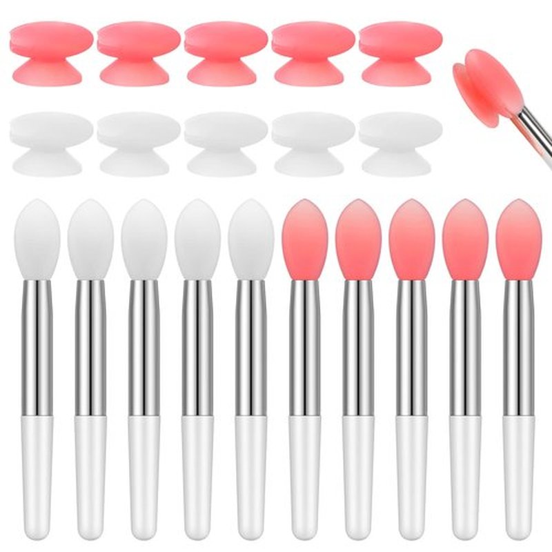 20 Pcs Silicone Lip Brush Covers and Lip Brushes for Lipsticks, Lip Gloss, Lip Balm and Other Cream Makeup Products (Pink, White)