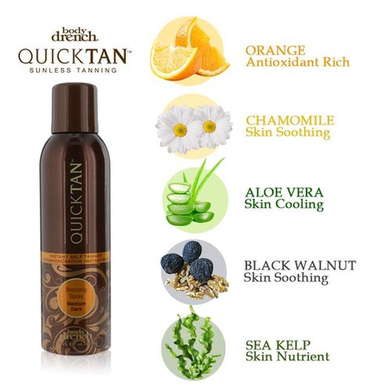 Body Drench QuickTan Instant Self Tanner Bronzing Spray, Salon-Quality Medium/Dark Tan, Streak-Free, Tinted Formula, 6 oz, 1-pack