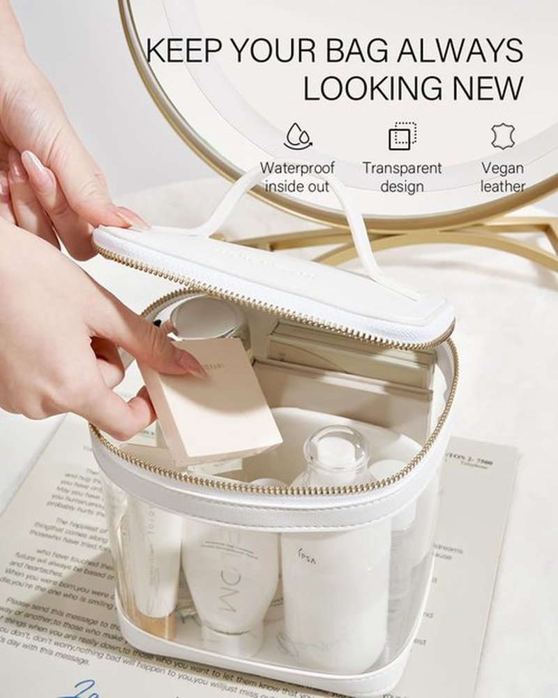 ROWNYEON Clear Makeup Bag, Travel Toiletry Bag Transparent Cosmetic Case with Zipper, Portable Make Up Organizer Clear Car Bag for Essentials with Handle (White)