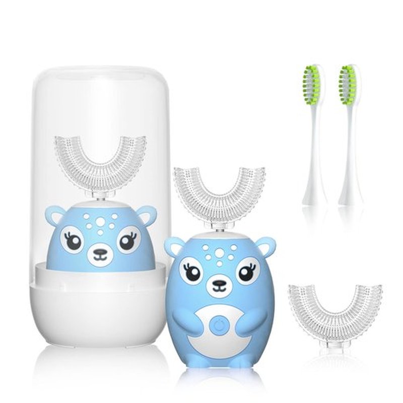 Kids Electric Toothbrushs U Shaped sonic Automatic Toothbrush with 4 Brush Heads, Six Cleaning Modes,Cartoon deer Modeling , full mouth toothbrush for baby