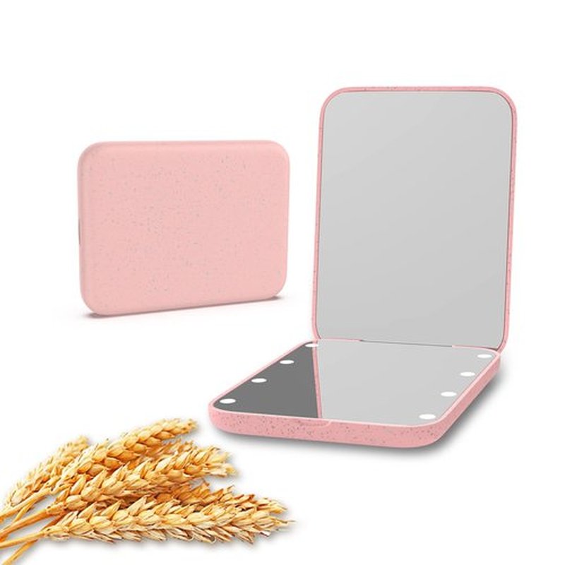 Kintion Wheat Straw Mirror, 1X/3X Magnification Pocket Mirror, Lighted Plastic Fiber Mirror, Folding Purse Mirror, Handheld Travel Mirror, Small Lighted Compact Mirror for Gift, Pink