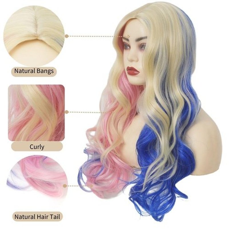 Amnenl Long Curly Wavy Blonde Pink Blue Ombre Wig for Women Realistic Synthetic Cosplay Halloween Hair Wigs