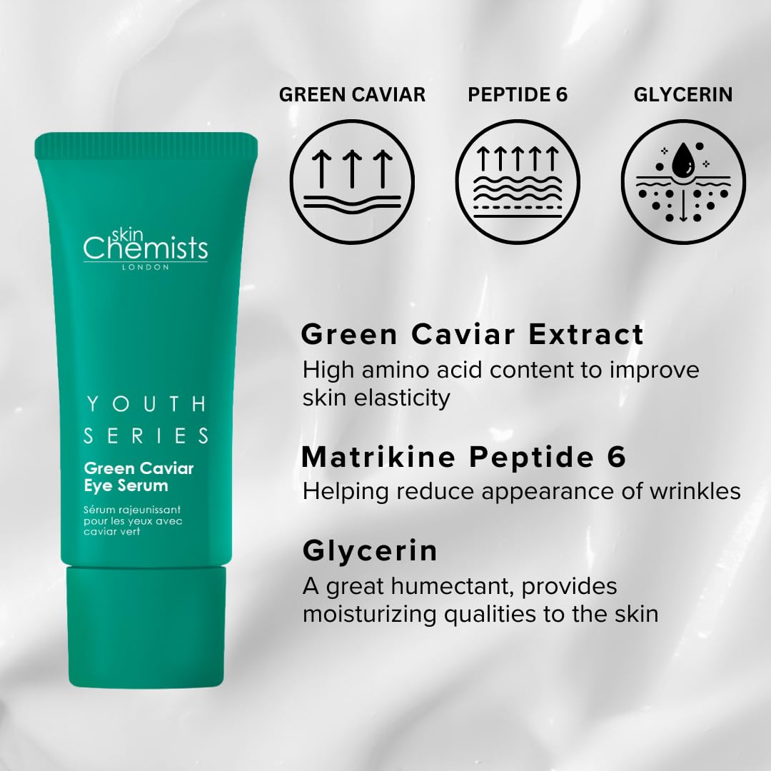 skinChemists Anti-Aging Eye Serum, 15ml - Green Caviar Extract & Matrikine Peptide 6 for Under Eye Wrinkle Reduction, Hydrating and Elasticated Skin