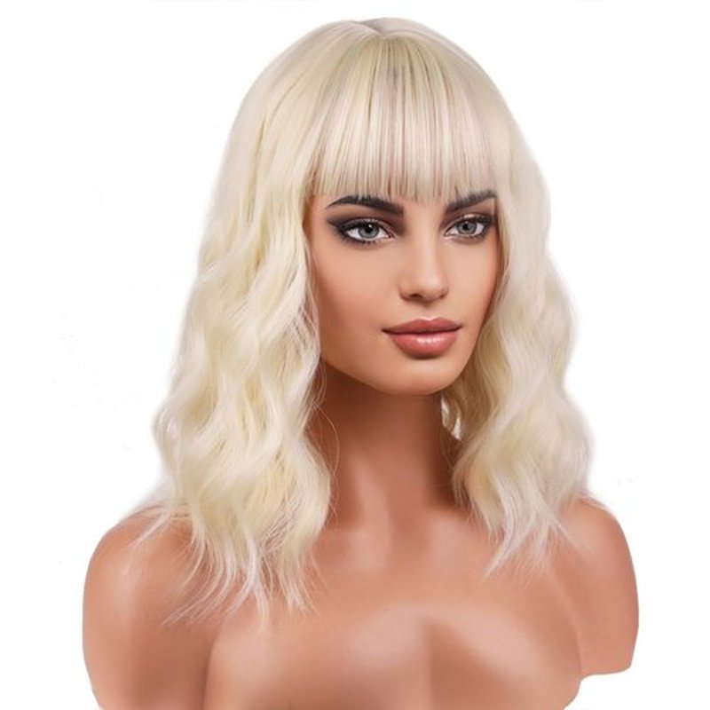 BERON 14 Inches Blonde Wig for Women Short Curly Wig Blonde Wig with Bangs Bob Wig Blonde for Daily Party Wig Cap Include